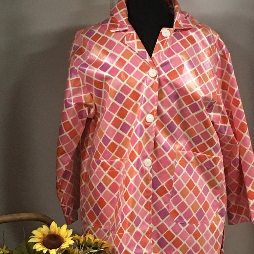 Pink Geometric Waterproof Button Up Raincoat with Hood